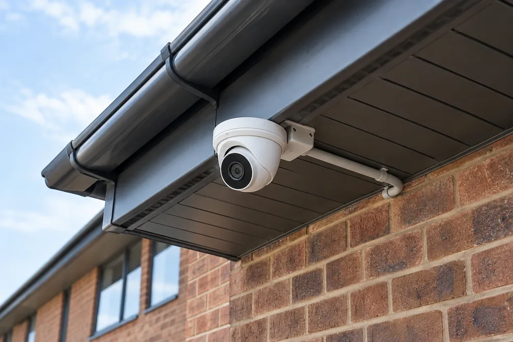 White turret CCTV camera fitted beneath a commercial building’s eaves