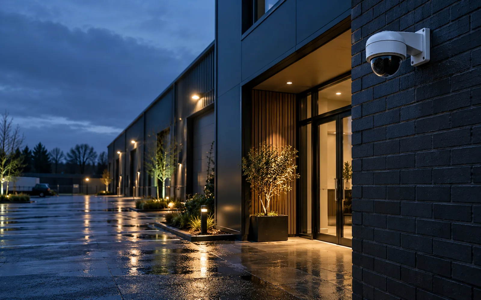 Turret security camera overlooking a modern brick commercial entrance at dusk