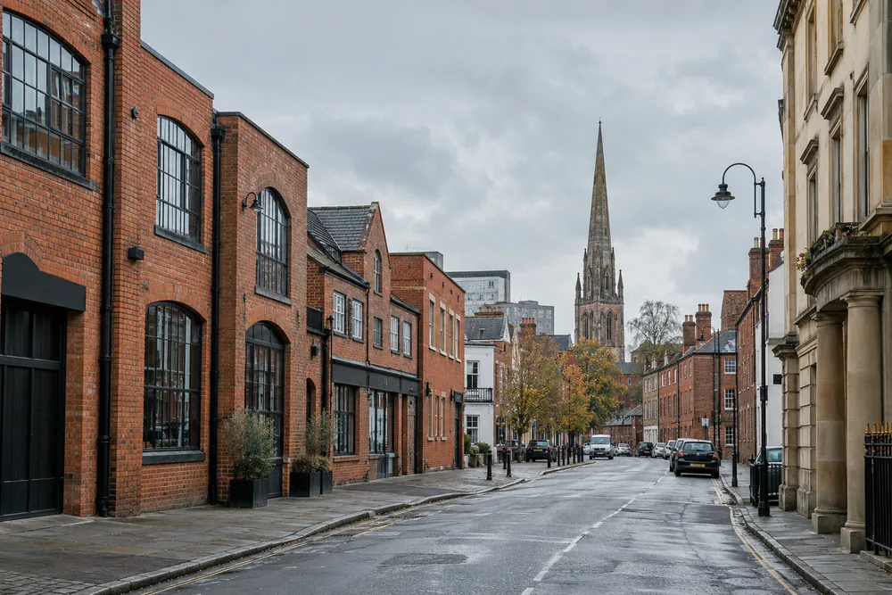 Illustrative commercial street with brick workshops and a distant church spire