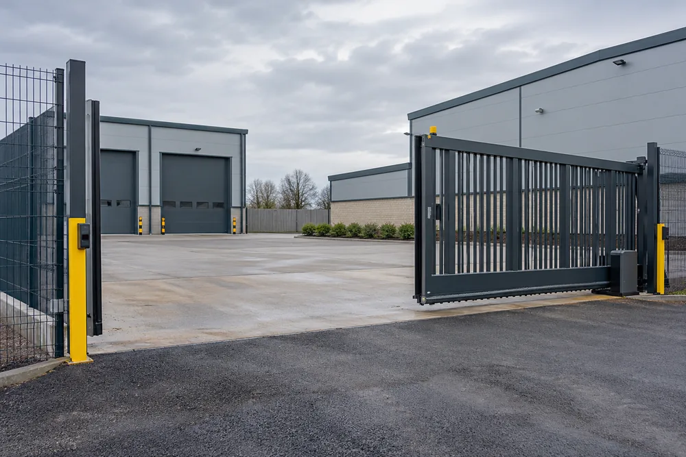 Open commercial sliding gate with safety edges and photocell posts