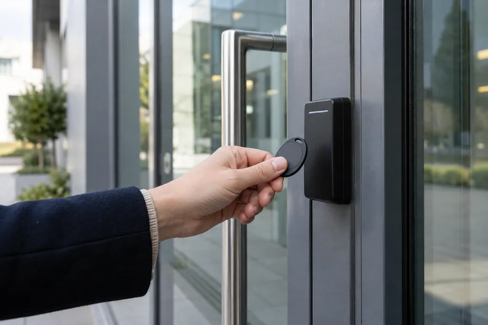 Hand presenting a plain key fob to an office door access reader