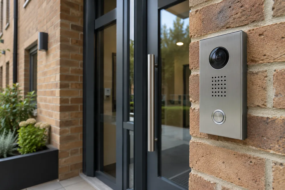 Metal video door intercom beside a shared building entrance